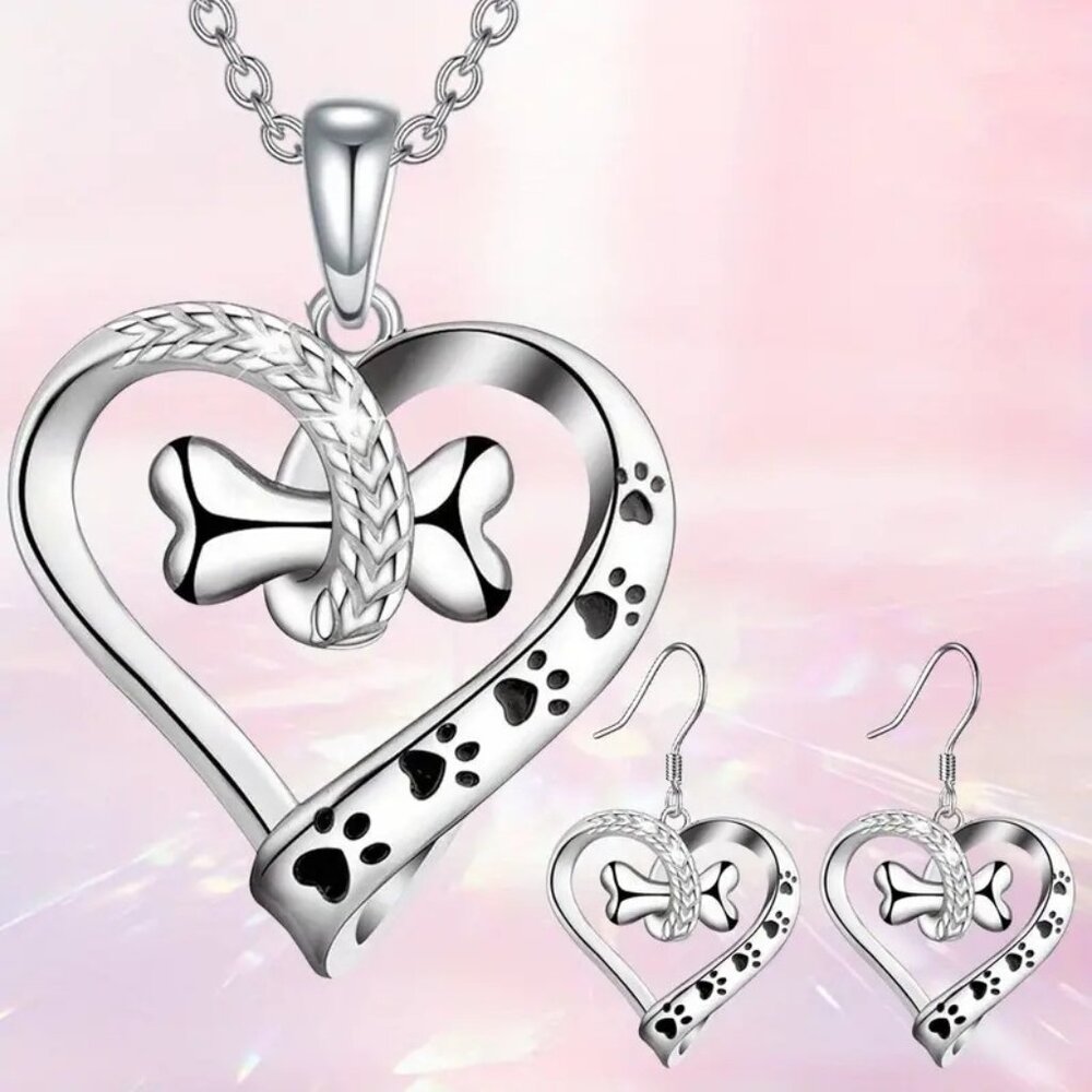 🎃Heart Dog Bone necklace with earrings